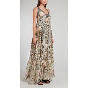 Camilla Moto Maiko U-Ring Floral Silk Maxi Dress XS Animal Metallic Australia